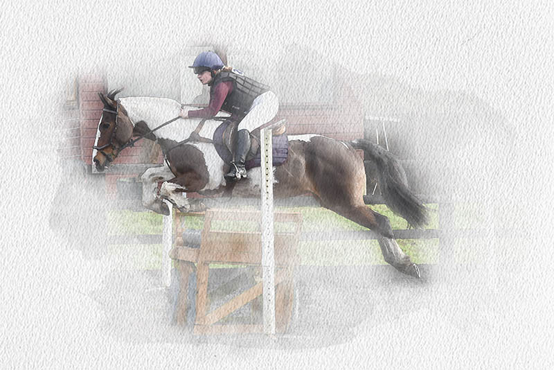 Show Jumping Watercolour Wall Art edit showing how we hide and emphasise the important parts